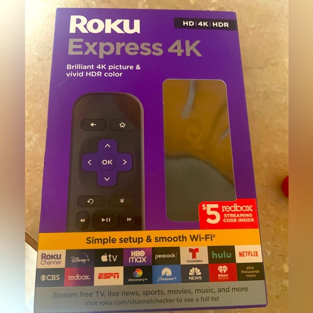roku express 4k/HD/HDR with a $5 off Redbox code included.